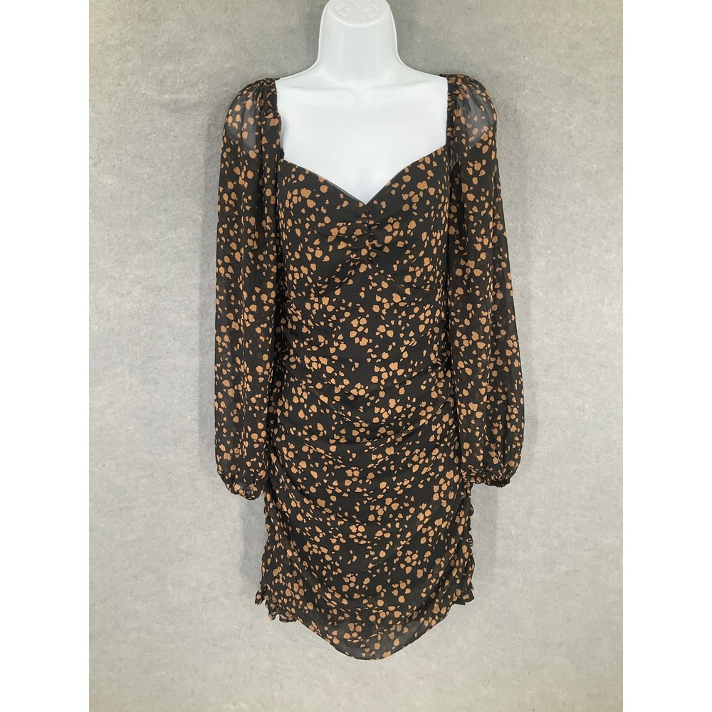 All in Favor Dress Black Tan Patterned Babydoll Cinched Open Back Sz M Party